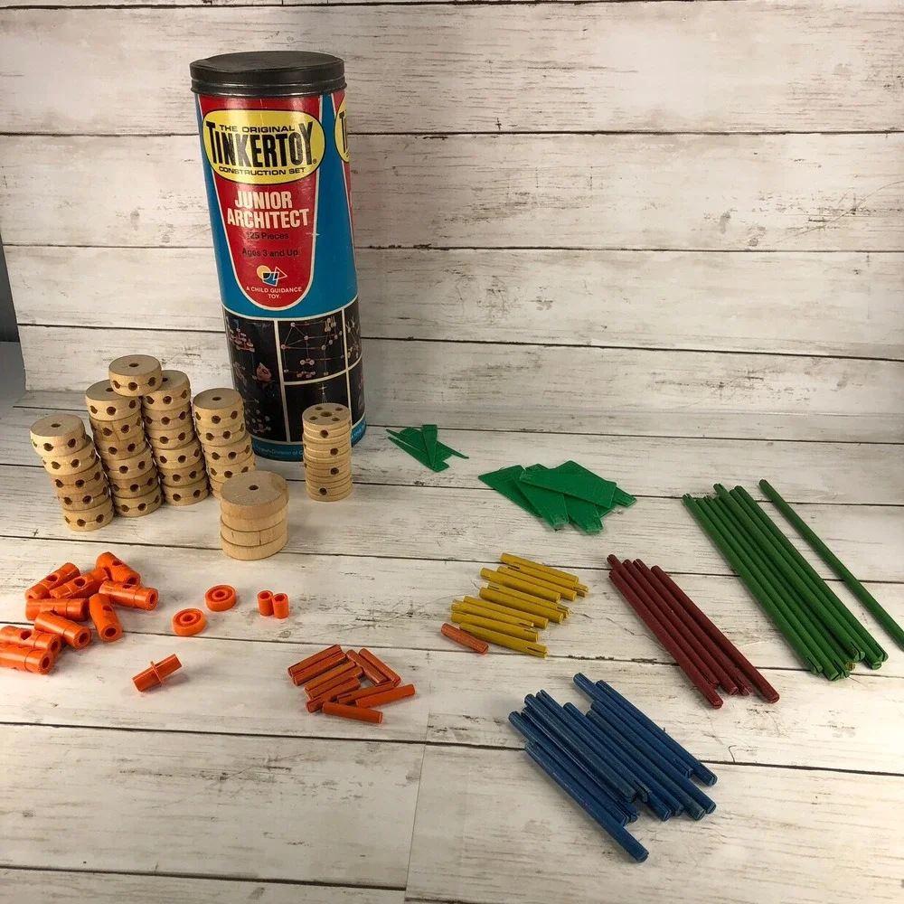 Vintage Tinkertoy Junior Architect Construction Set CBS Toys Canister